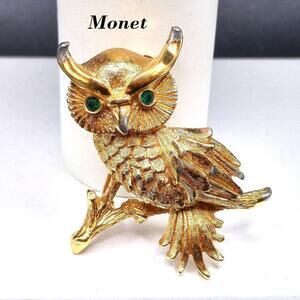 Vintage Monet Owl Brooch, Gold Plated, Green Rhinestone Eyes, 1 1/2 Inches